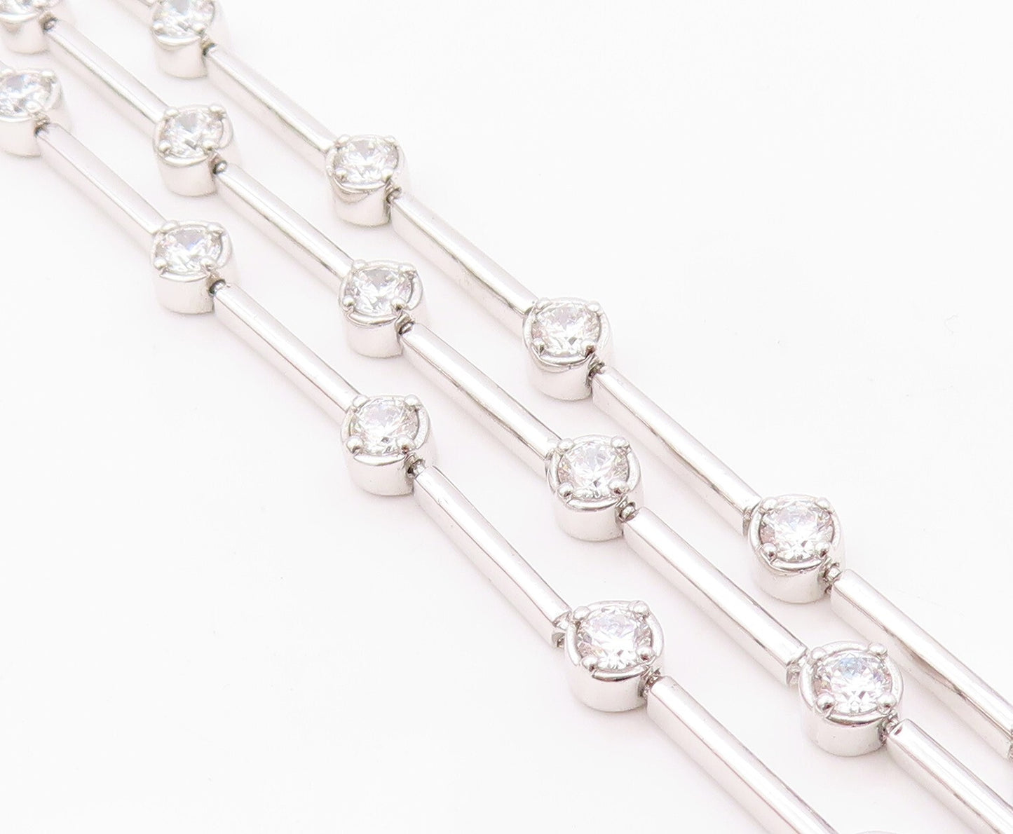 925 Sterling Silver Vintage Bracelet Round CZ & Stick Three Bands  BT11149