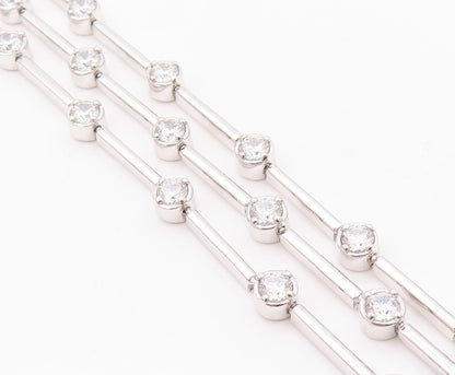 925 Sterling Silver Vintage Bracelet Round CZ & Stick Three Bands  BT11149