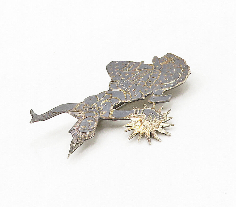 SIAM 925 Sterling Silver  Vintage Niello Enamel Dancer Brooch Pin  BP6234