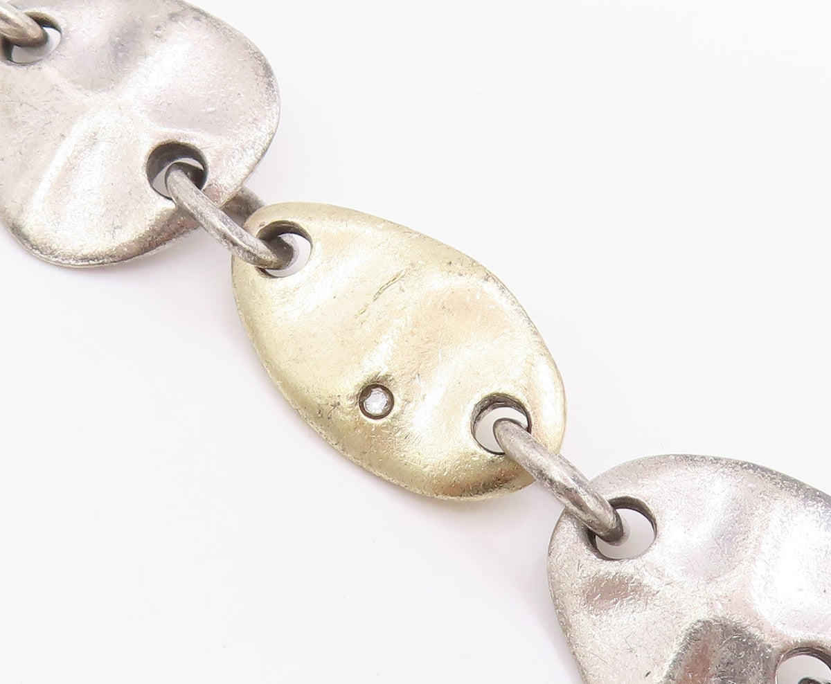 925 Sterling Silver Vintage Bracelet Real Diamonds Modernist Disc Link  BT11706