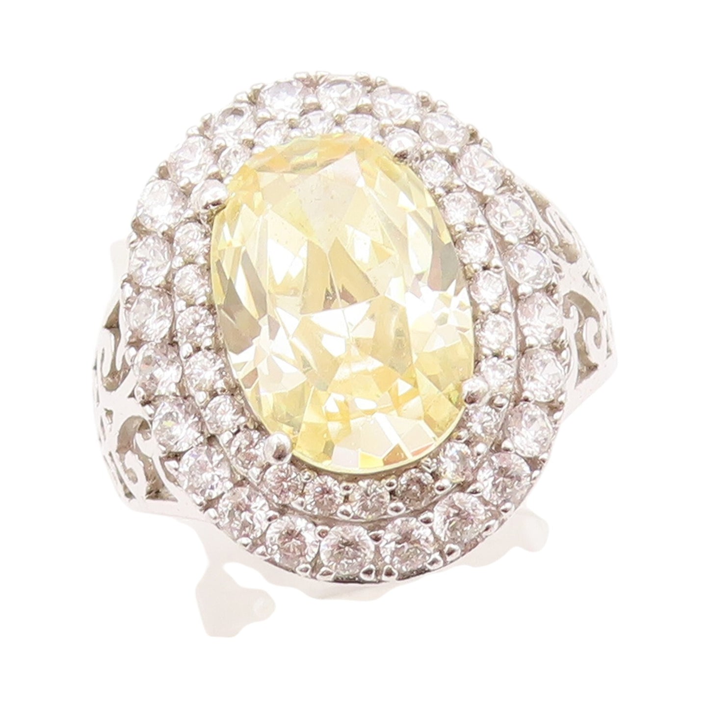 925 Sterling Silver Vintage Ring Oval Cut Citrine Halo CZ Bands  Sz 7.5  RG31771