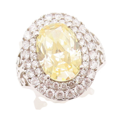 925 Sterling Silver Vintage Ring Oval Cut Citrine Halo CZ Bands  Sz 7.5  RG31771