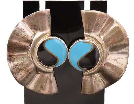 MEXICO 925 Silver Vintage Enamel Circle With Swirl Wing Earrings EG12472
