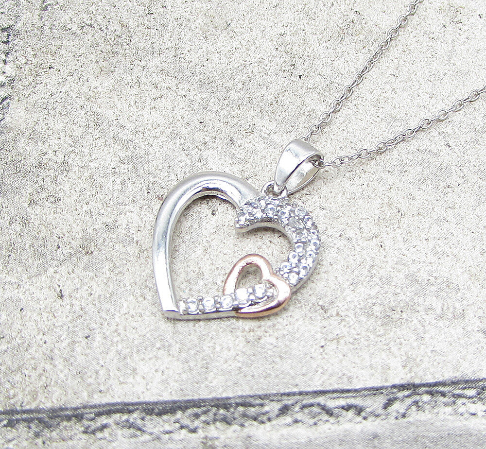 925 Sterling Silver Cubic Zirconia 2 Tone Love Heart Pendant & Chain PT1282