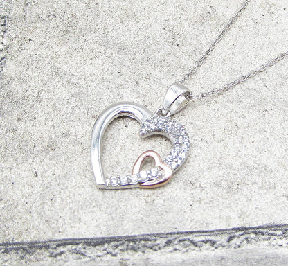 925 Sterling Silver Cubic Zirconia 2 Tone Love Heart Pendant & Chain PT1282