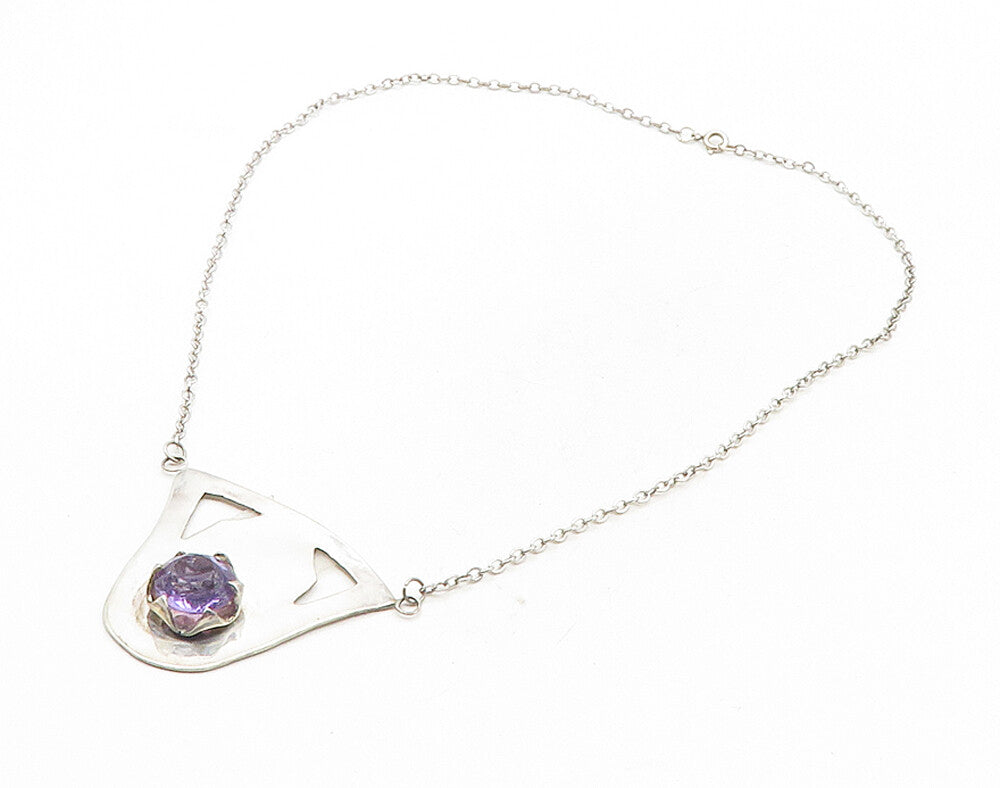 925 Sterling Silver  Vintage Amethyst Cutout Pendant Chain Necklace  NE1857