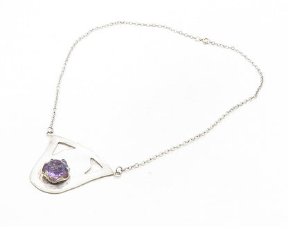 925 Sterling Silver  Vintage Amethyst Cutout Pendant Chain Necklace  NE1857
