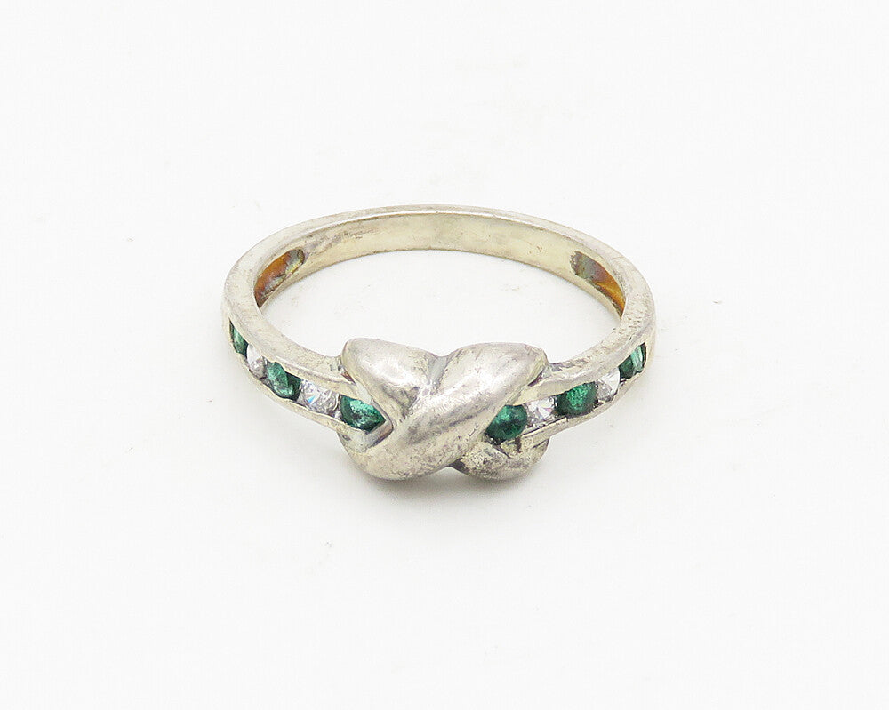925 Sterling Silver Vintage White & Green Topaz Crossed Band Ring Sz 7 RG18520