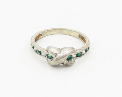 925 Sterling Silver Vintage White & Green Topaz Crossed Band Ring Sz 7 RG18520