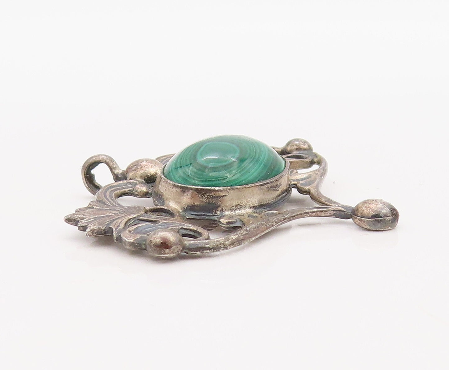 925 Sterling Silver Vintage Pendant TERNER Floral Oval Malachite Heart  PT23493