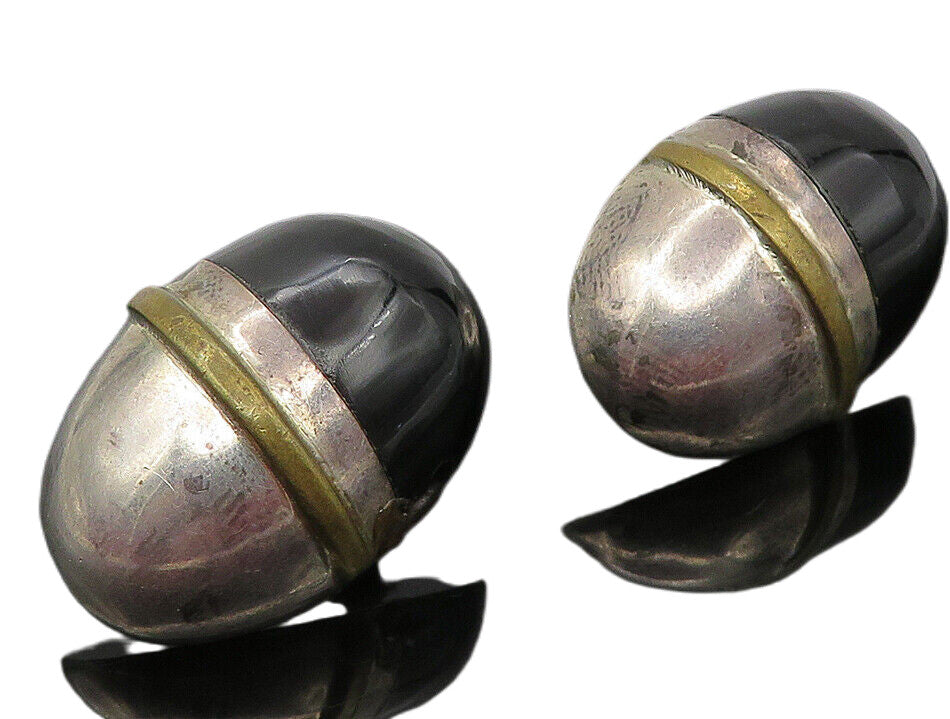 925 Sterling Silver  Vintage Black Onyx Two Tone Dome Drop Earrings  EG5884
