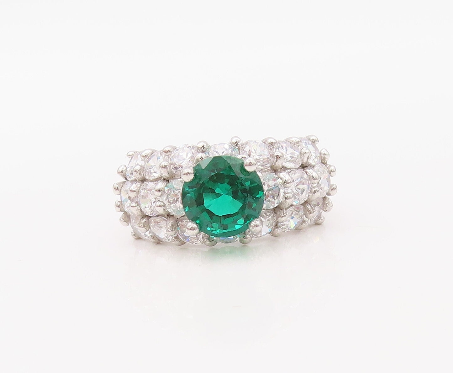 925 Sterling Silver Vintage Ring White Band & Round Green CZ Inlay Sz 7  RG30795