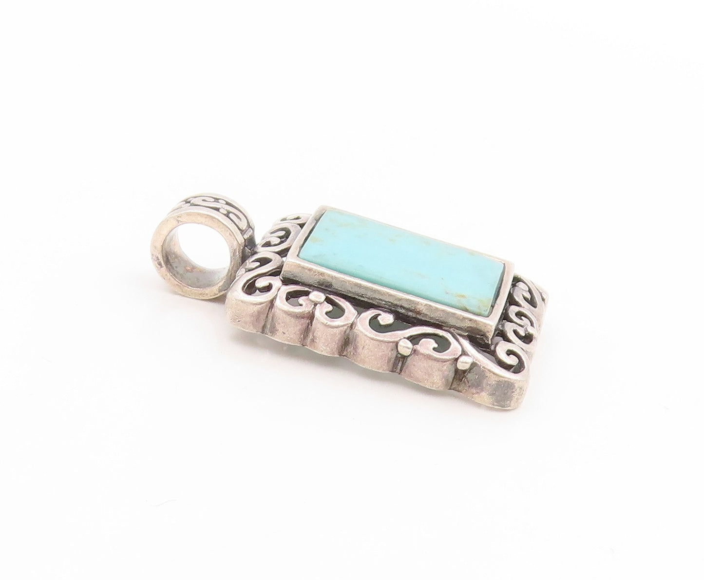 925 Sterling Silver Vintage Pendant Blue Turquoise Rectangle Scrollwork  PT25827