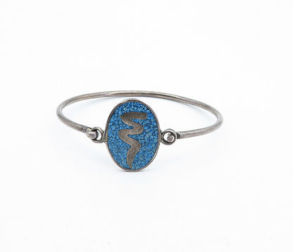 MEXICO 925 Sterling Silver Vintage Crushed Turquoise Bangle Bracelet BT1455