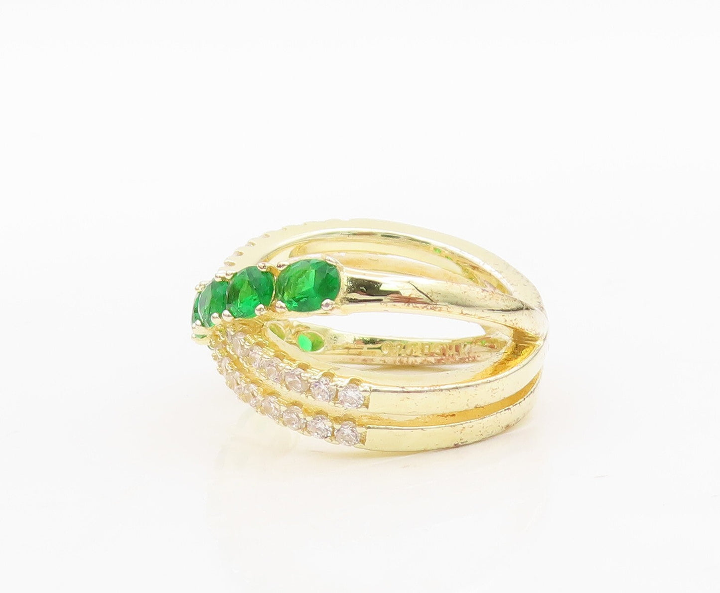 925 Sterling Silver Vintage Ring Gold Plated Green & White CZ  Sz 6.5 RG30478