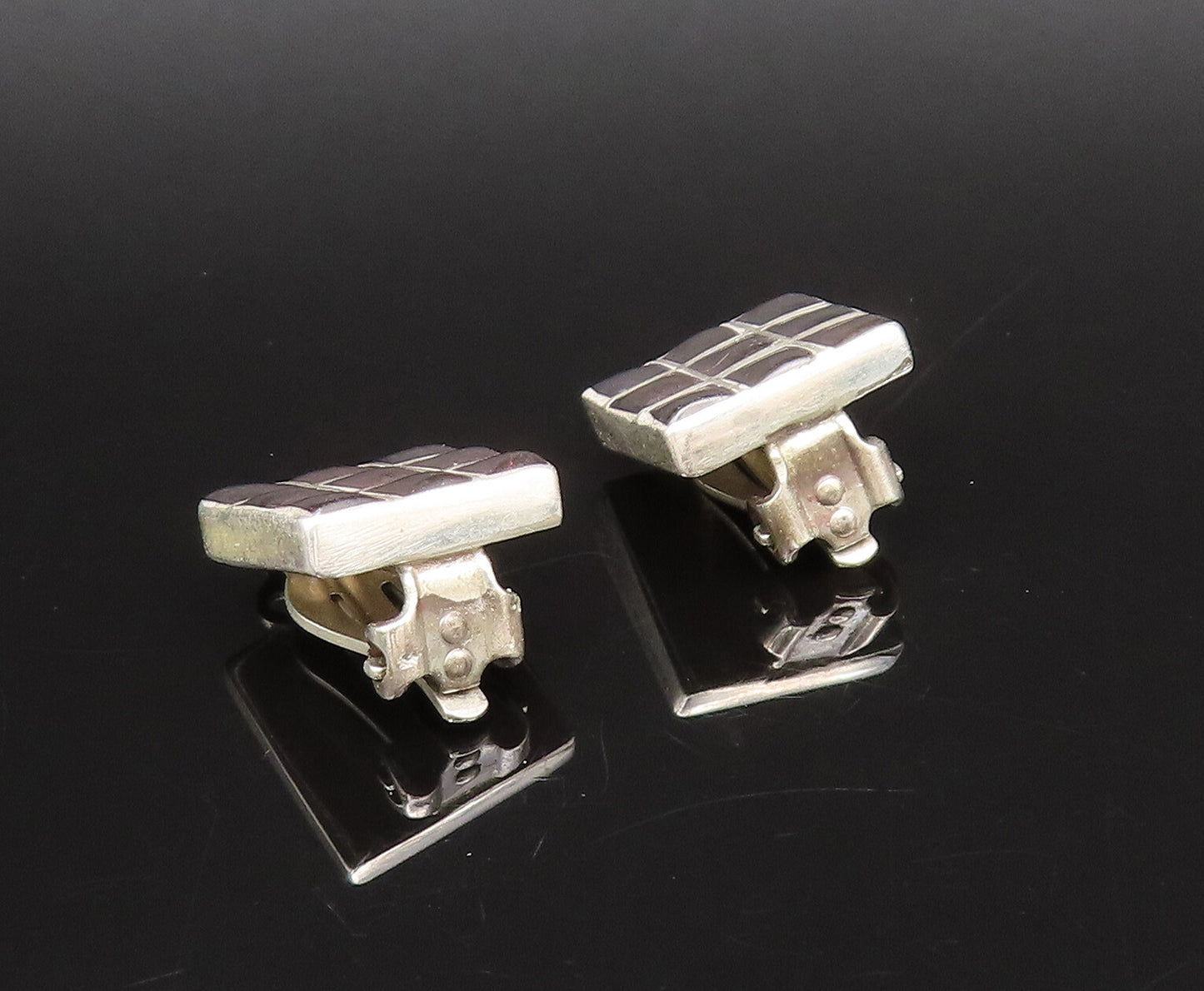 925 Sterling Silver  Vintage Black Enamel Checkered Clip Back Earrings EG12254