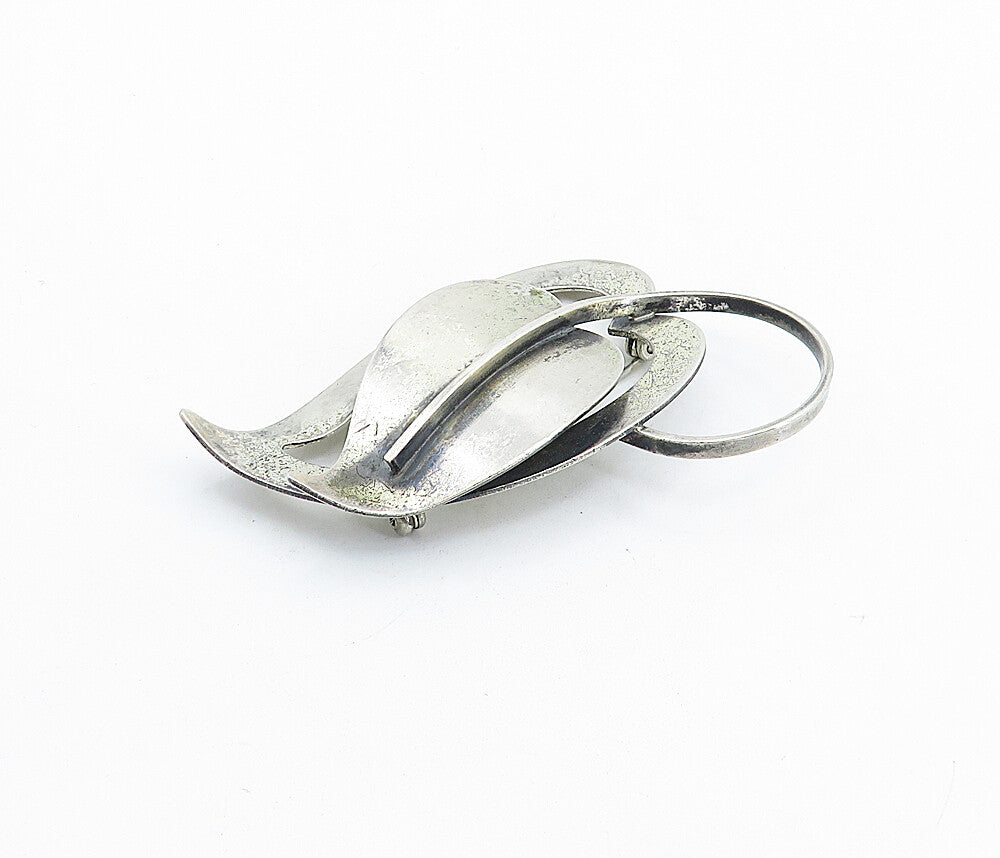 BEAU 925 Sterling Silver  Vintage Modernist Floral Leaf Brooch Pin  BP2363