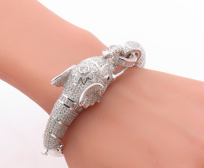 925 Sterling Silver Vintage Bracelet CZ Cluster Majestic Elephant Bangle BT11986
