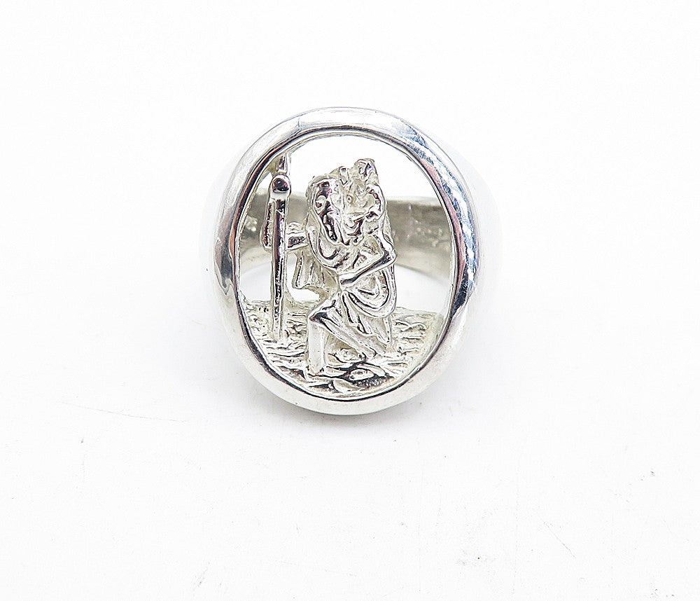 925 Sterling Silver Vintage Shiny Saint Christopher Cocktail Ring Sz 9 RG5550