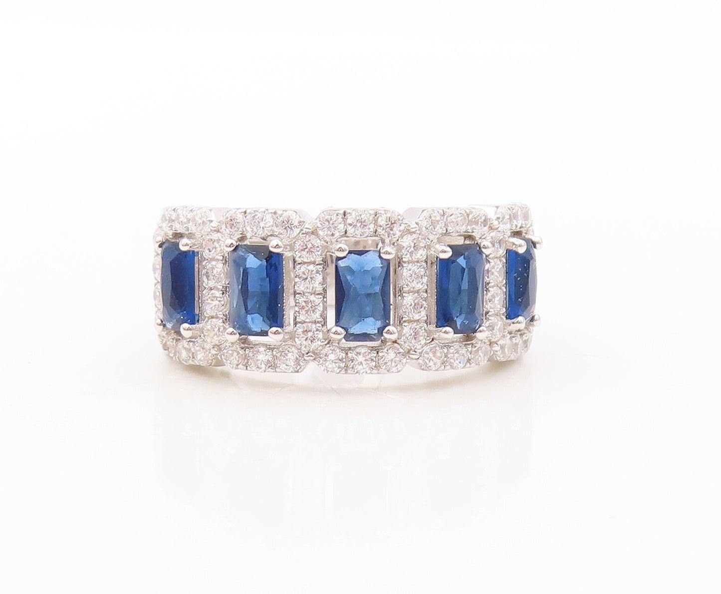 925 Sterling Silver Vintage Ring Rectangle Sapphire Halo CZ Inlay Sz 7.5 RG30817