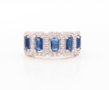 925 Sterling Silver Vintage Ring Rectangle Sapphire Halo CZ Inlay Sz 7.5 RG30817