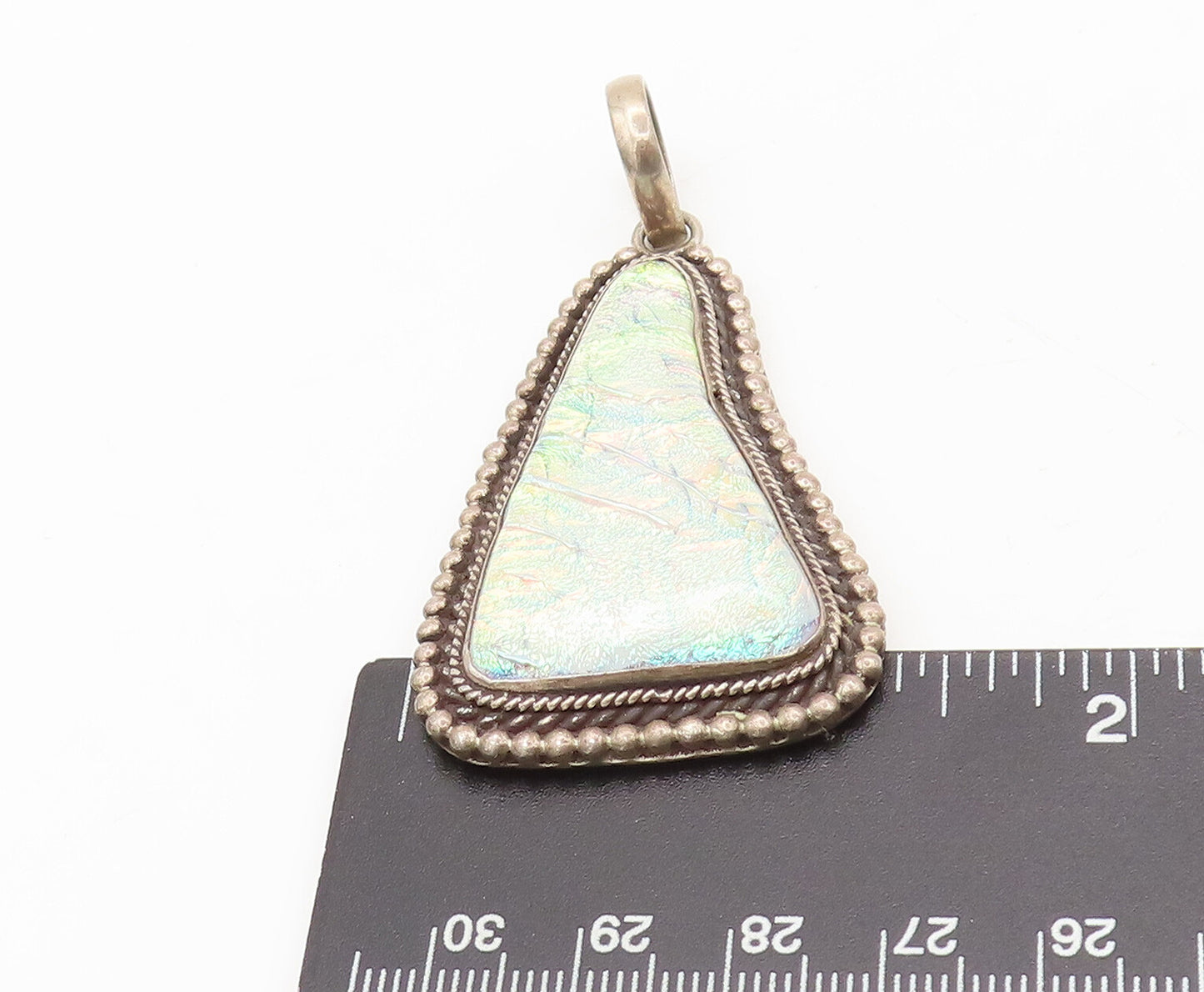 925 Sterling Silver Vintage Pendant Roman Glass Halo Twisted Rope Beaded PT22435