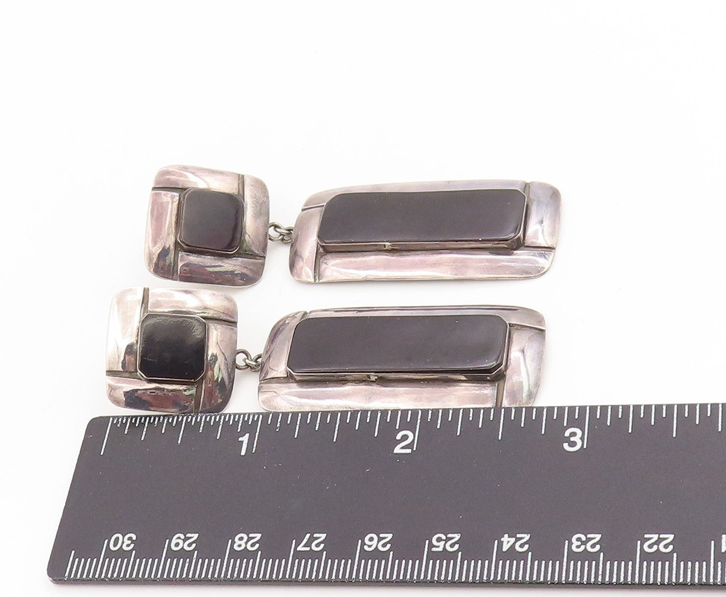 925 Sterling Silver Vintage Earrings Black Onyx Modern Geometric Dangle  EG13777