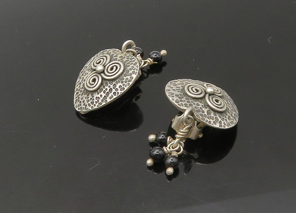 925 Silver   Vintage Black Onyx Love Heart Non Pierce Drop Earrings  EG10985