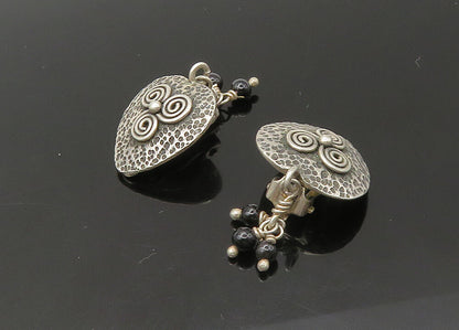 925 Silver   Vintage Black Onyx Love Heart Non Pierce Drop Earrings  EG10985