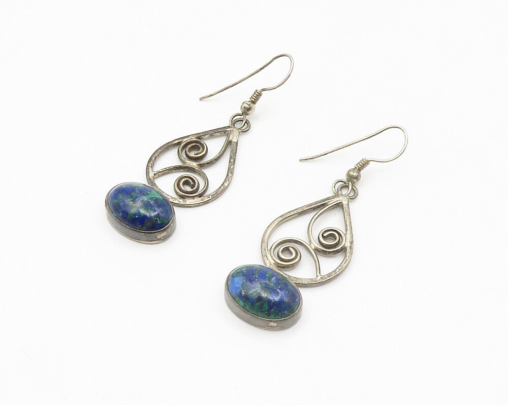 925 Sterling Silver  Vintage Cabochon Cut Azurite Swirl Drop Earrings  EG7168