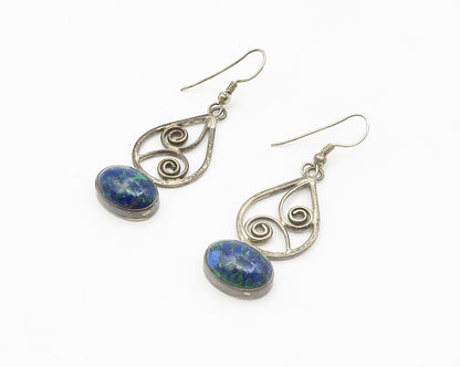 925 Sterling Silver  Vintage Cabochon Cut Azurite Swirl Drop Earrings  EG7168