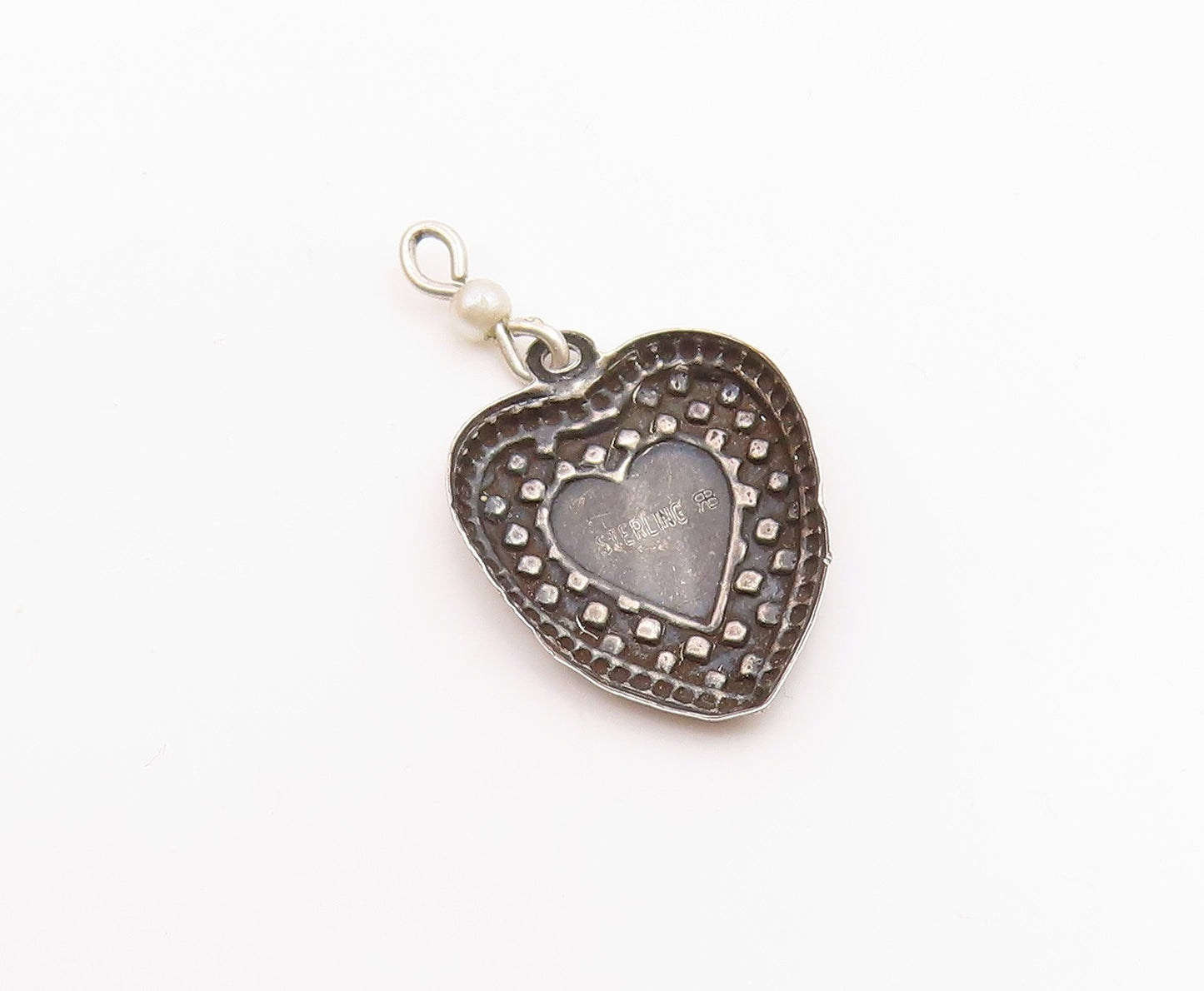 925 Sterling Silver Vintage Petite Pearl Checkered Love Heart Pendant  PT16472
