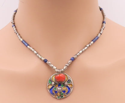 925 Sterling Silver Vintage Necklace French Coin Carnelian Enameled  NE4563