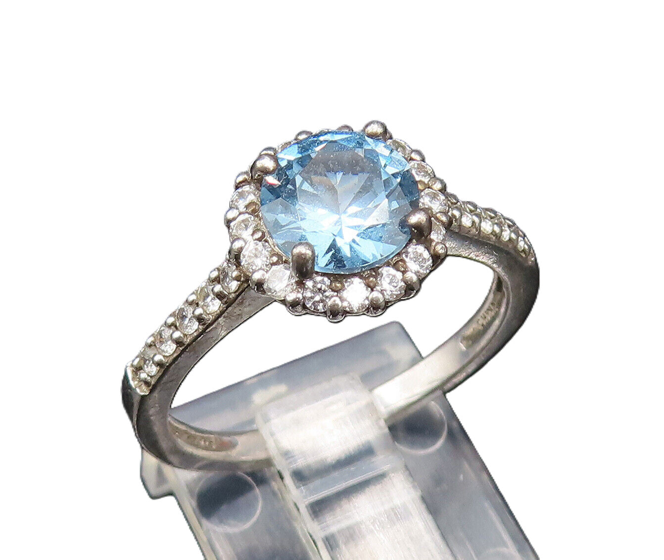 925 Sterling Silver  Vintage Fancy Blue & White Topaz Halo Ring Sz 8  RG25605
