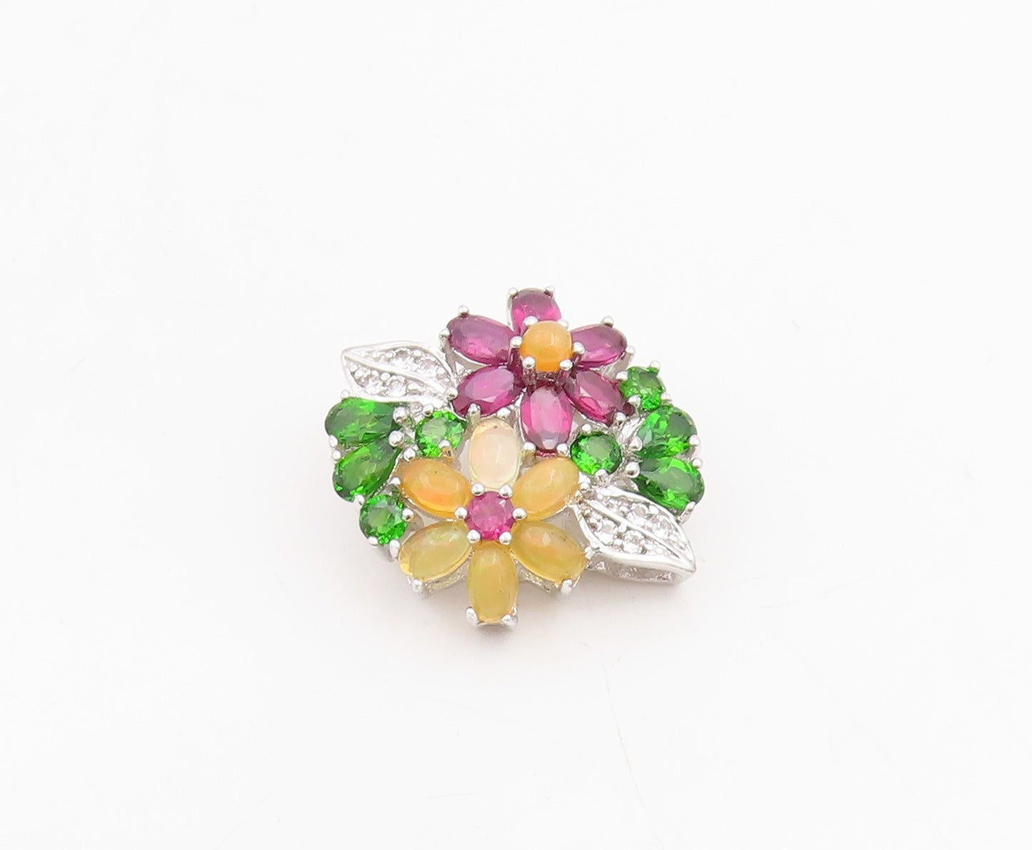925 Sterling Silver Vintage Pendant Elegant Multi Gemstone Floral Charm  PT25856