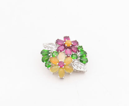 925 Sterling Silver Vintage Pendant Elegant Multi Gemstone Floral Charm  PT25856