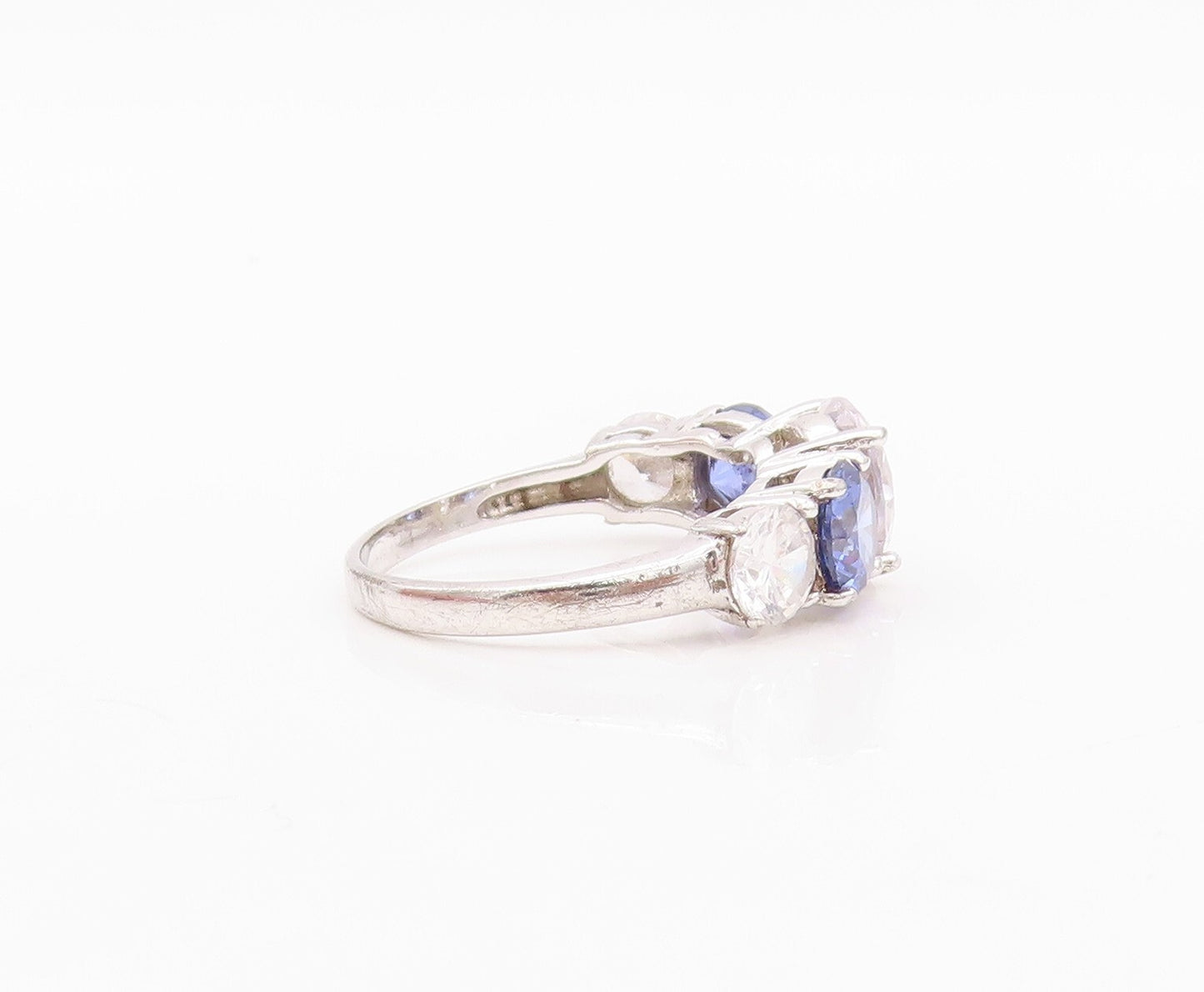 925 Sterling Silver Vintage Ring Round Cut Sapphire & CZ Band  Sz 7  RG30458