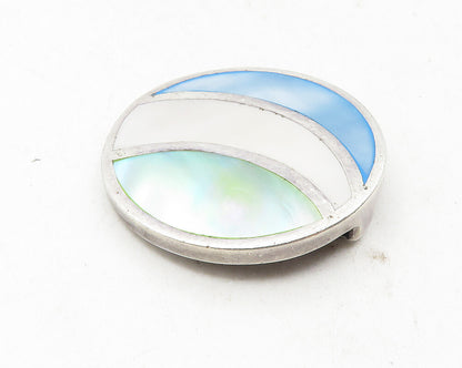 925 Sterling Silver  Vintage Inlaid Mother Of Pearl Round Pendant  PT7292