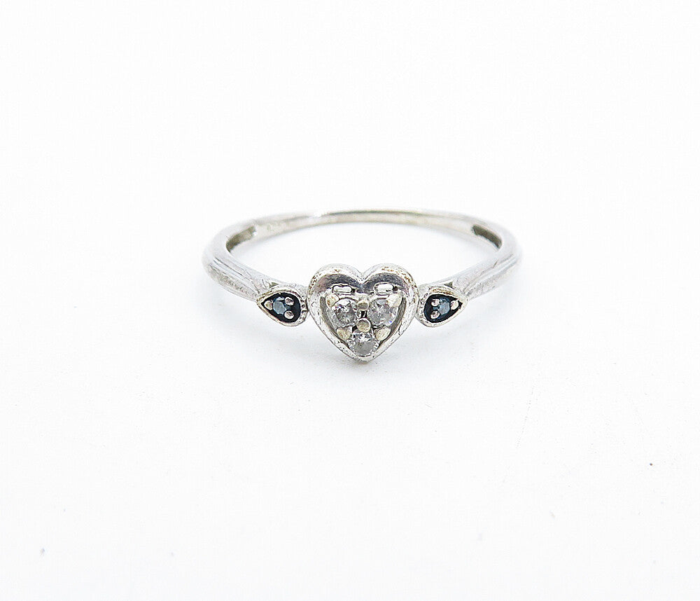 925 Silver  Vintage Genuine Black & White Diamonds Heart Band Ring Sz 8 RG4211