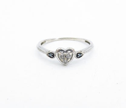 925 Silver  Vintage Genuine Black & White Diamonds Heart Band Ring Sz 8 RG4211