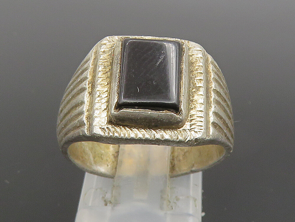 925 Silver  Vintage Rectangular Black Onyx Scalloped Band Ring Sz 8  RG24650