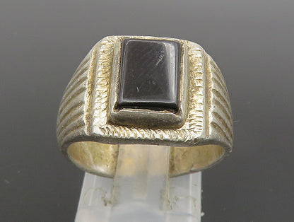 925 Silver  Vintage Rectangular Black Onyx Scalloped Band Ring Sz 8  RG24650