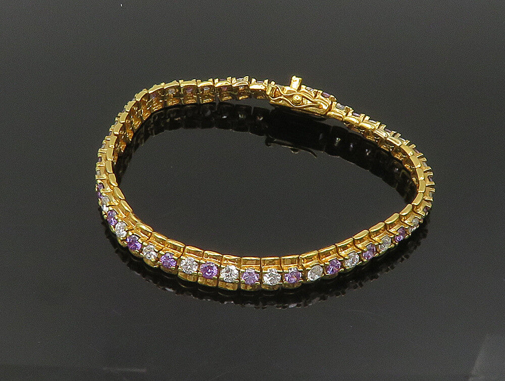 925 Sterling Silver Vintage Amethyst & Topaz Gold Plated Chain Bracelet BT9348