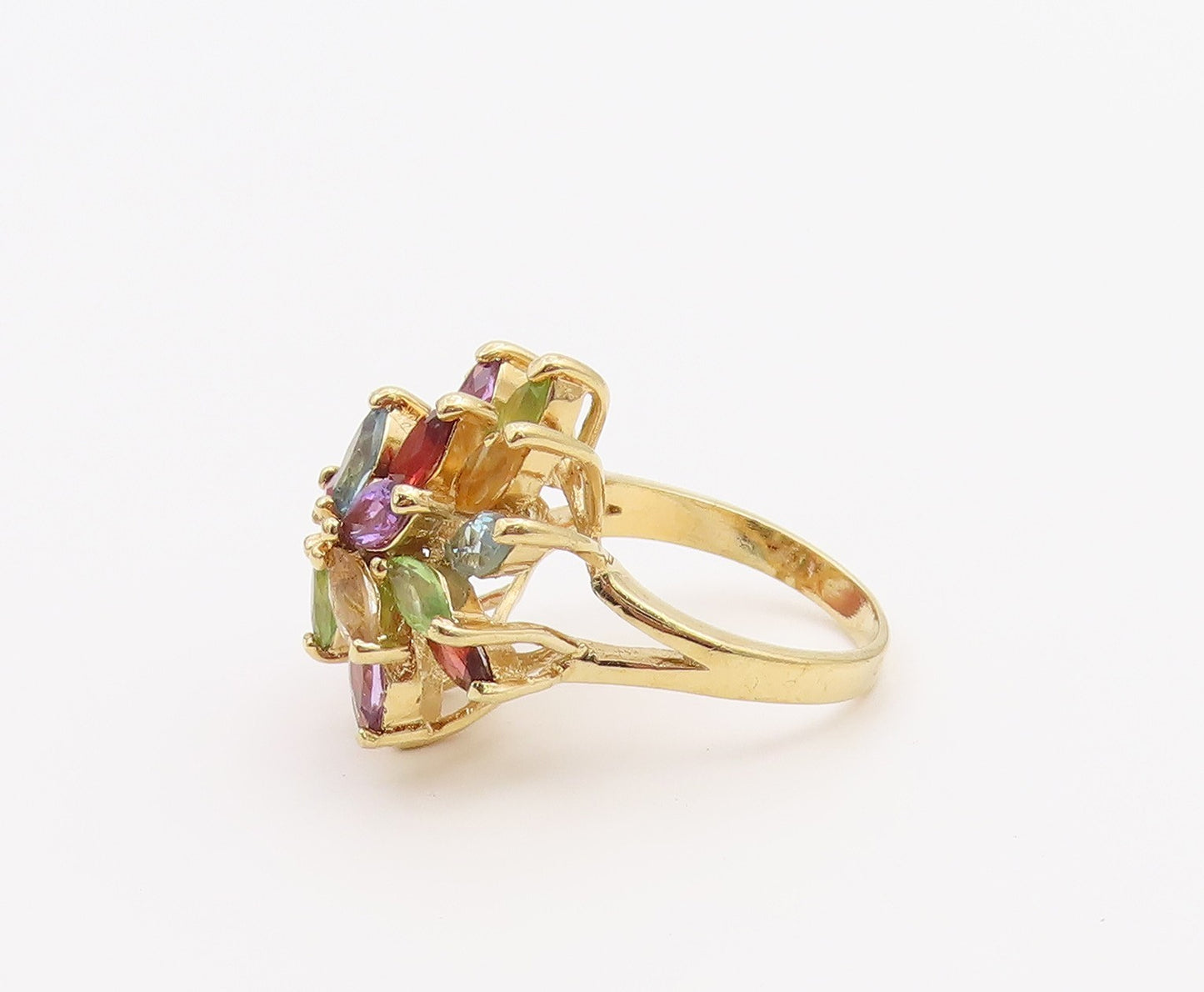 925 Sterling Silver Vintage Ring Gold Plated Multi Gemstone Flower Sz 7 RG36528