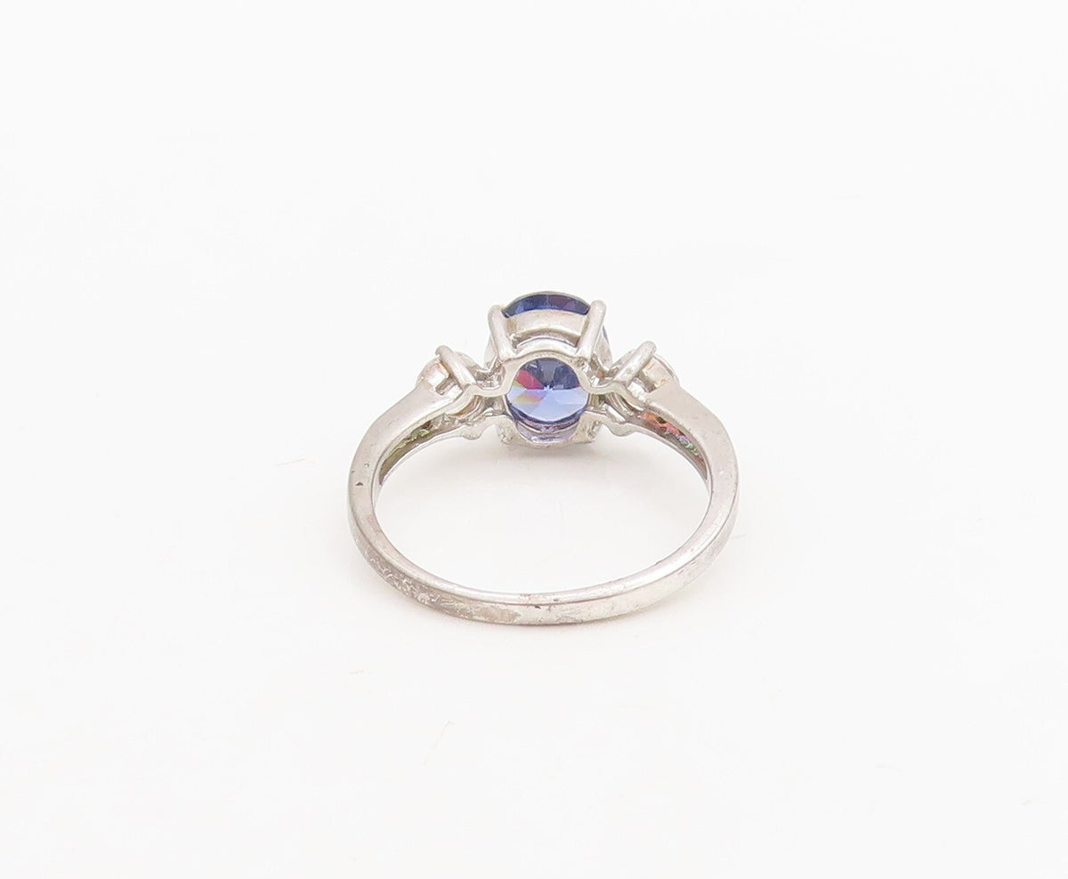 925 Sterling Silver Vintage Ring Oval Sapphire Round CZ Sidestone Sz 7.5 RG29042