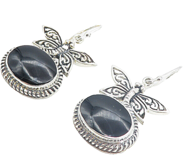925 Sterling Silver Vintage Black Onyx Dragonfly Shiny Drop Earrings EG3573