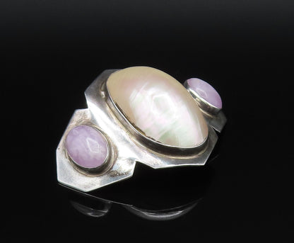 DESIGNER 925 Silver  Vintage Mother Of Pearl & Purple Jade Brooch Pin  BP9802