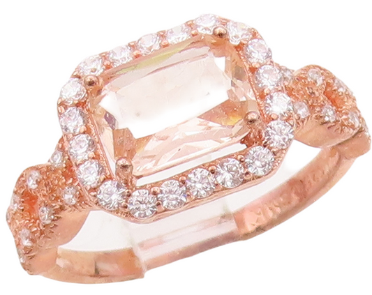 925 Sterling Silver Vintage Ring Rose Gold Plated Morganite & CZ  Sz 7.5 RG30591