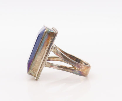925 Sterling Silver Vintage Ring Rectangle Cut Lapis Lazuli  Sz 9.5  RG30763