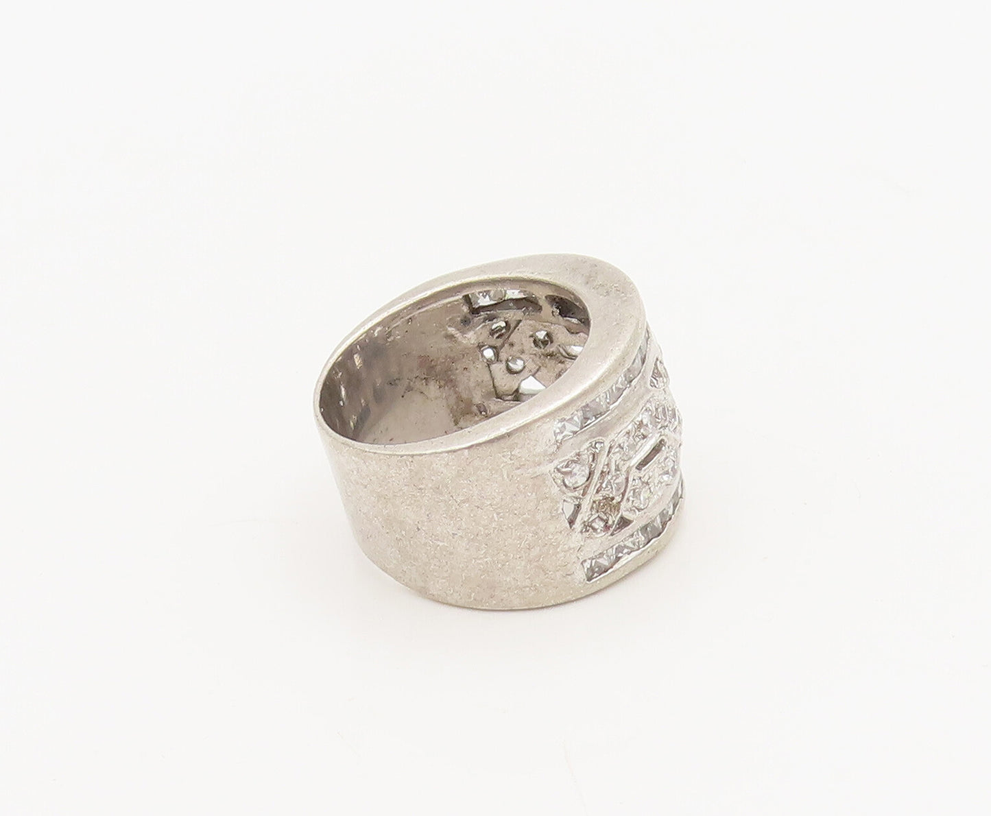 925 Sterling Silver  Vintage Carved Broad Band CZ Solid Ring Sz 6  RG26931